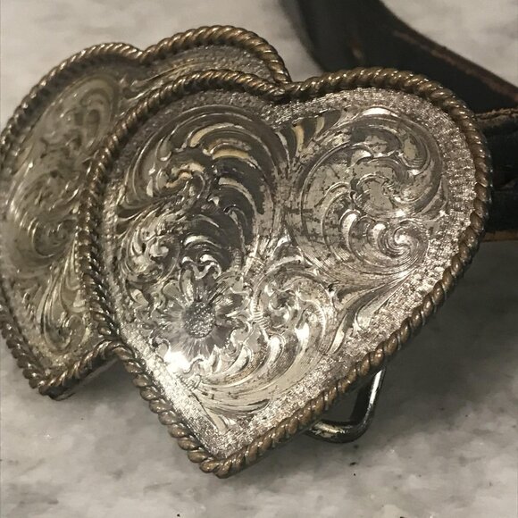 Dan Post Belt Women 32 Black Brown Cowhide Double Heart Buckle Western Rodeo USA - Picture 3 of 10